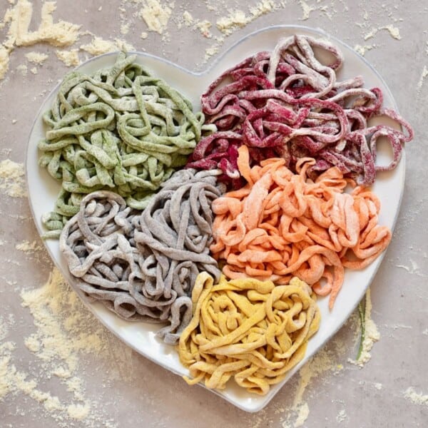 colored pasta ribbons on a plate