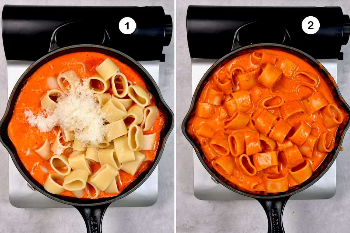 Collage of two photos of roasted red pepper pasta before and after mixing