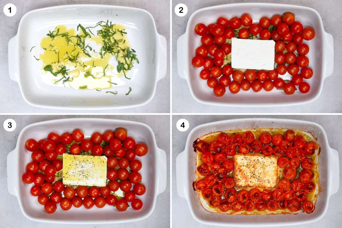 Collage steps for baking feta and cherry tomatoes