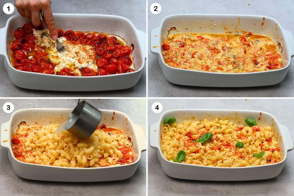 Collage steps for mixing baked feta and roasted tomatoes with pasta