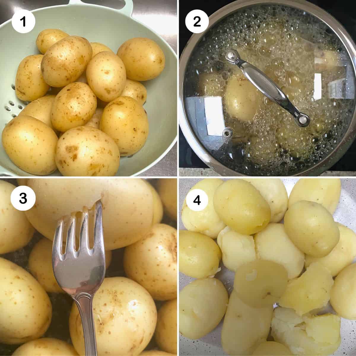 Boiling and peeling the potatoes.