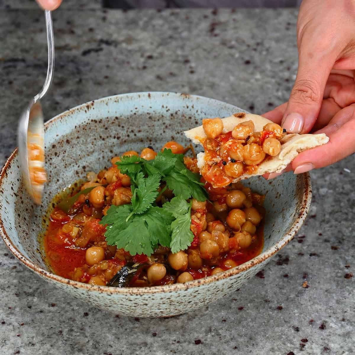 A serving of Chana Masala in a bowl