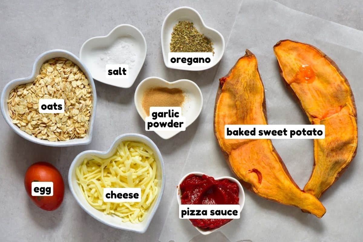 Ingredients to make rainbow pizza with sweet potato crust
