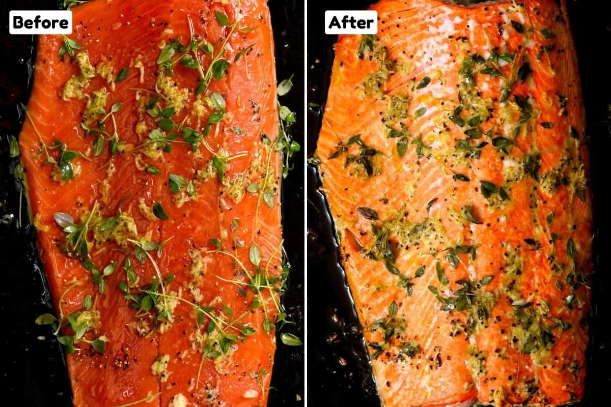 Before and after roasting salmon in the oven