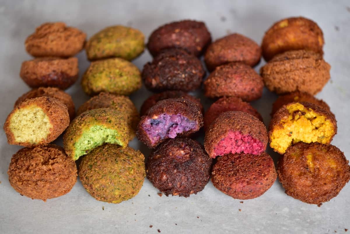 Differently colored homemade falafel