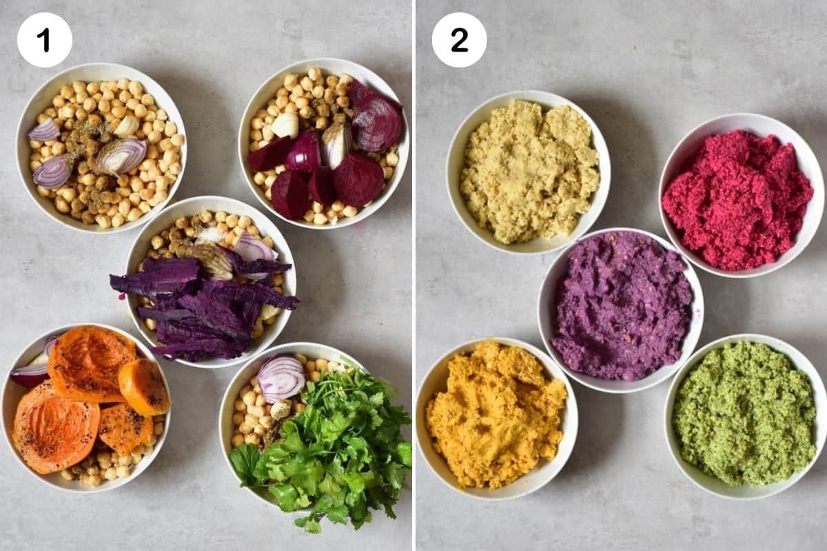 Steps for preparing different batches of ingredients for rainbow falafel