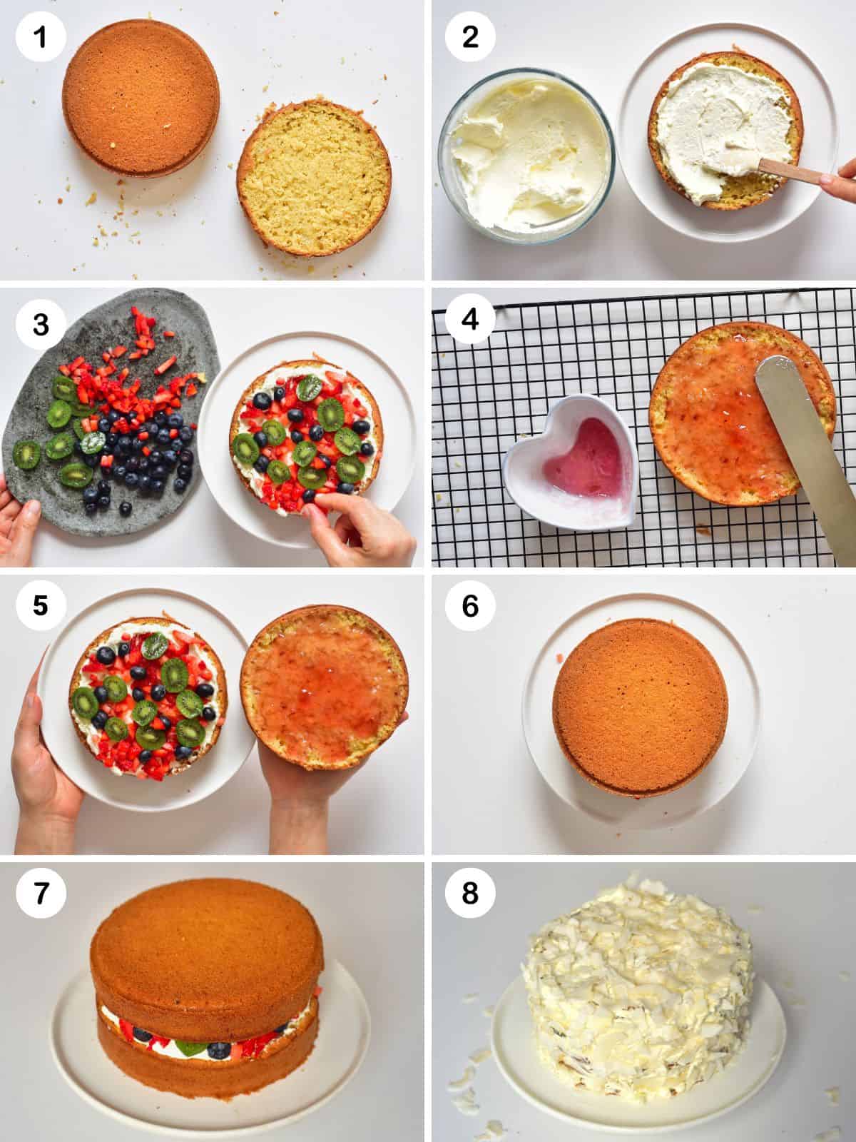 Steps for adding frosting and berries to cake