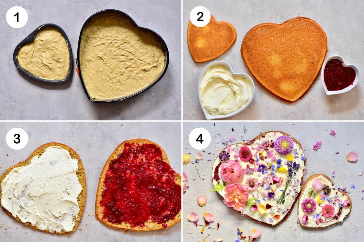 Steps for baking and decorating heart shape cake