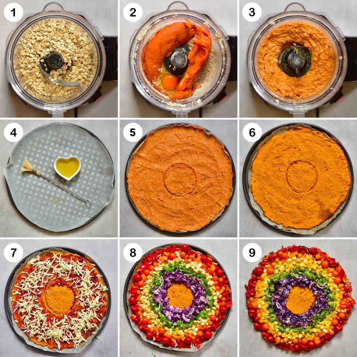 Steps for making sweet potato crust and making rainbow pizza