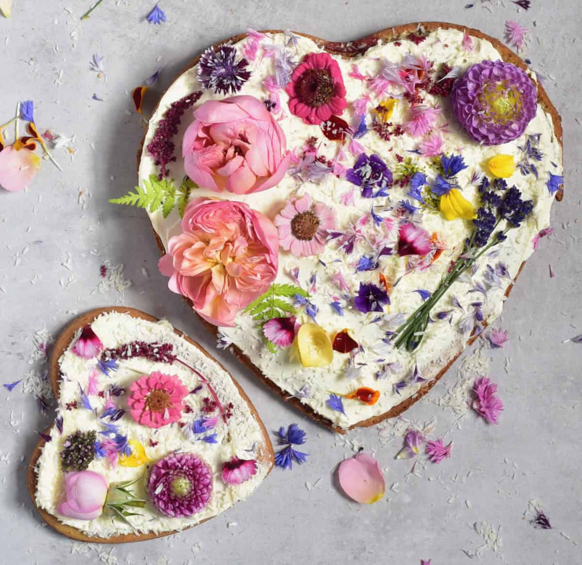 A small and a big heart-shaped cakes topped with cream and edible flowers