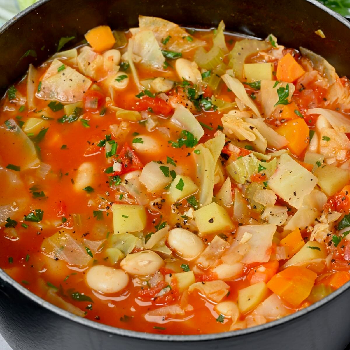 A large pot with freshly cooked cabbage soup with beans. - 49