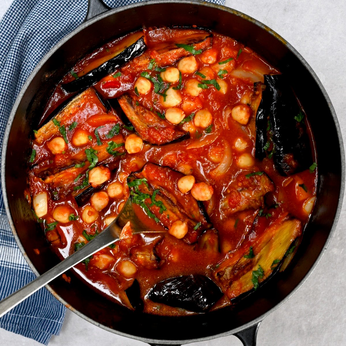 Eggplant Chickpea Stew in a black pot