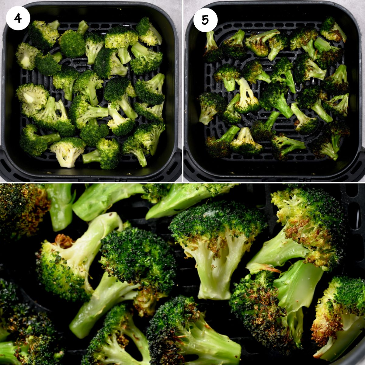 A collage of before and after air frying broccoli.