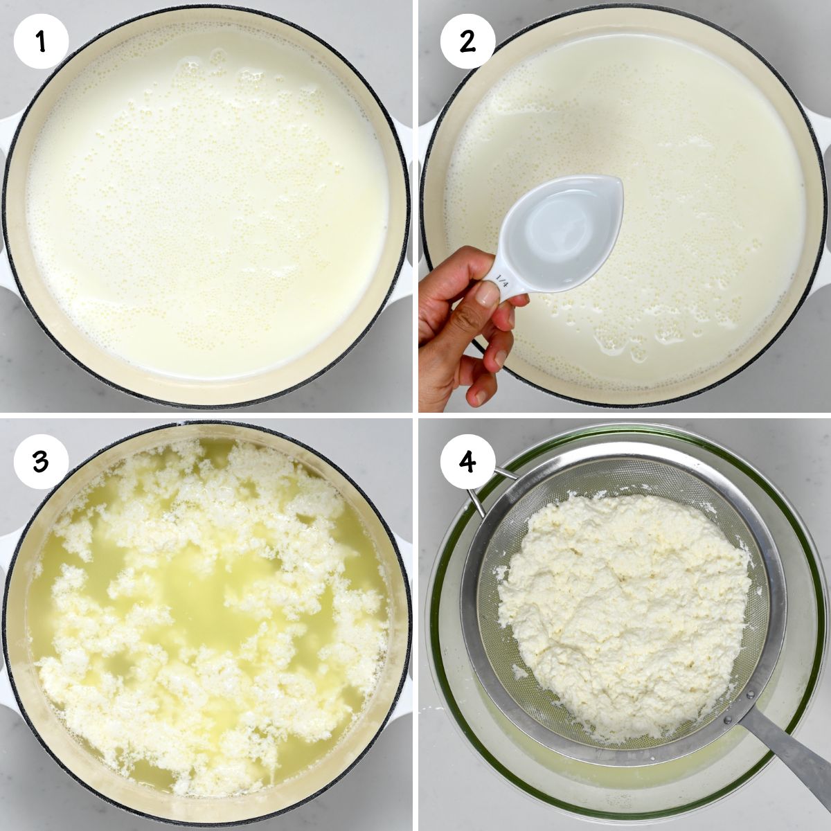 A collage for the steps for curdling milk. - 4