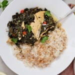 A serving of Molokhia over Lebanese rice.