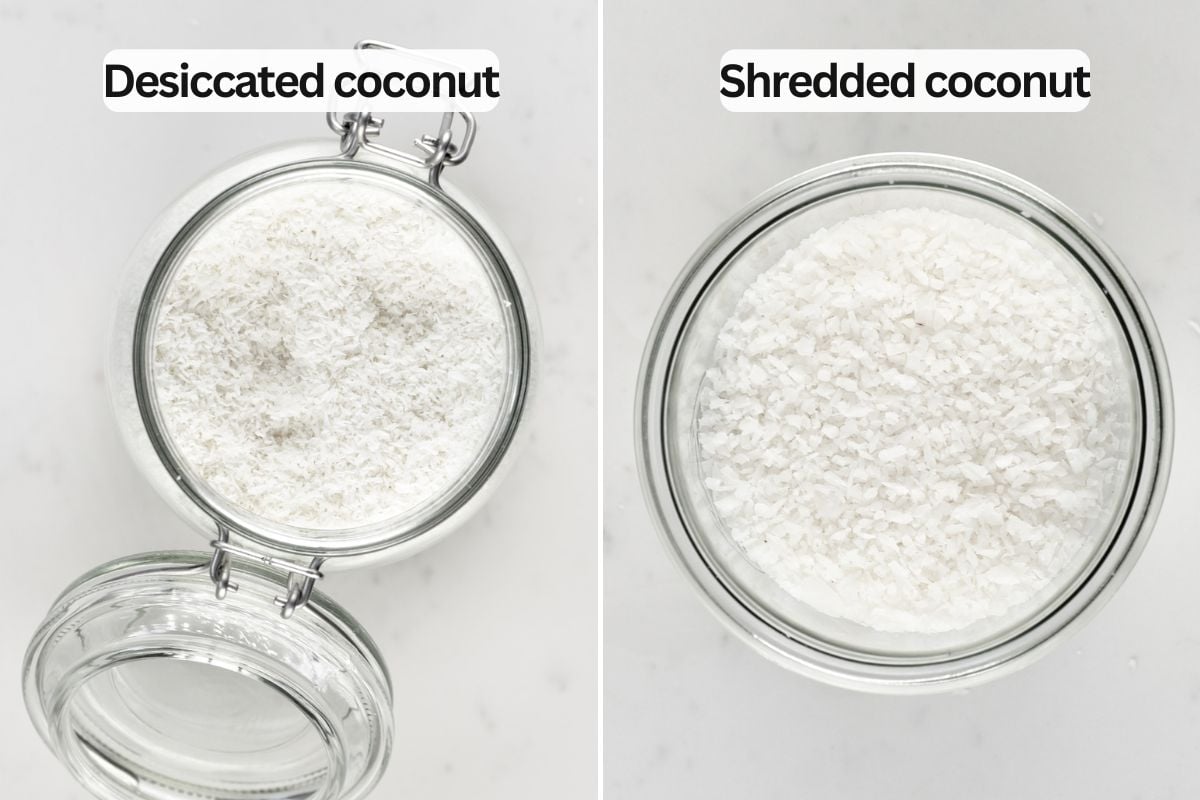 A picture showing the difference between desiccated and shredded coconut.