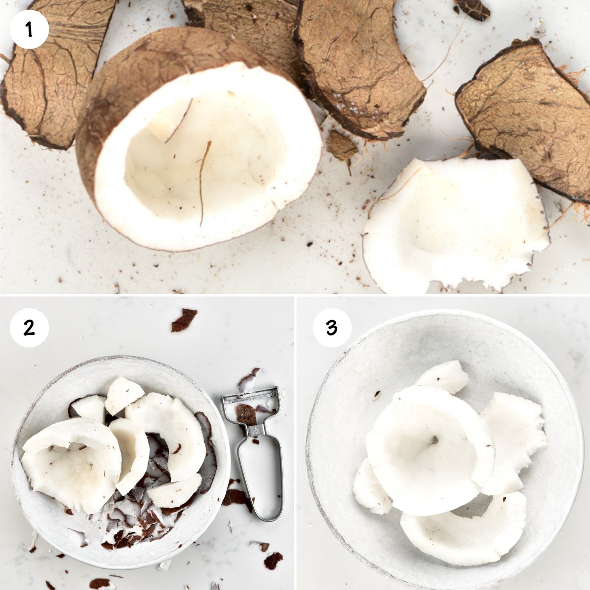 A collage of pictures for preparing the coconut for shredding.