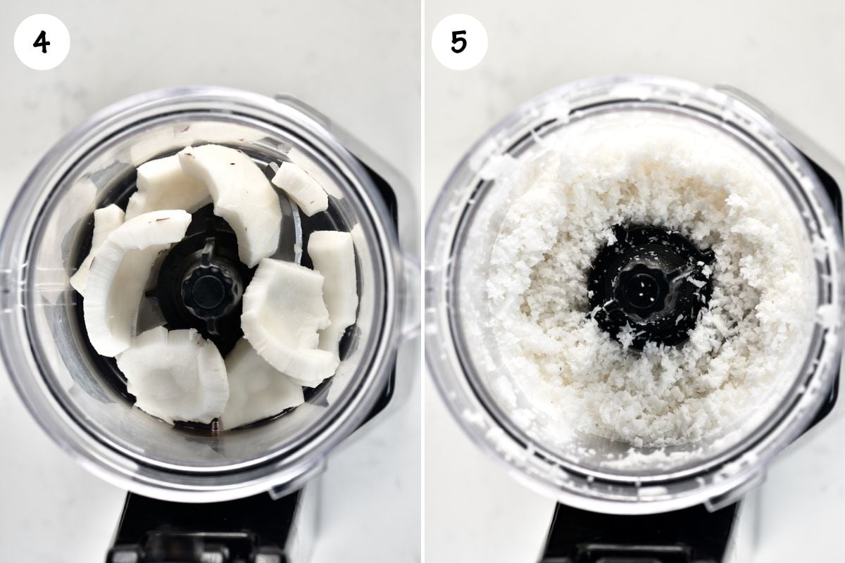 A collage of pictures for the steps of pulsing and grating the coconut meat.