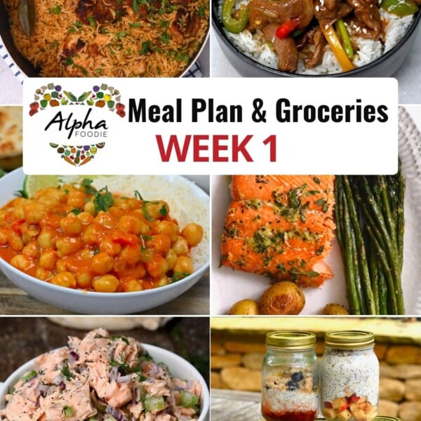 Collage of photos showing the dishes for Week 1 of Meal Planning.