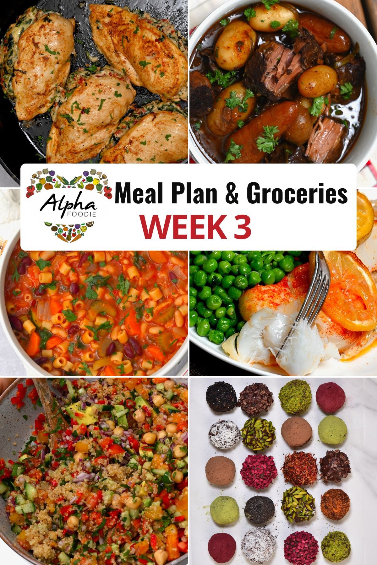 Collage of photos showing the dishes for Week 3 of Meal Planning.