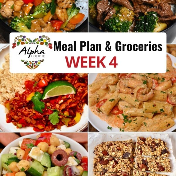 Collage of photos showing the dishes for Week 4 of Meal Planning.