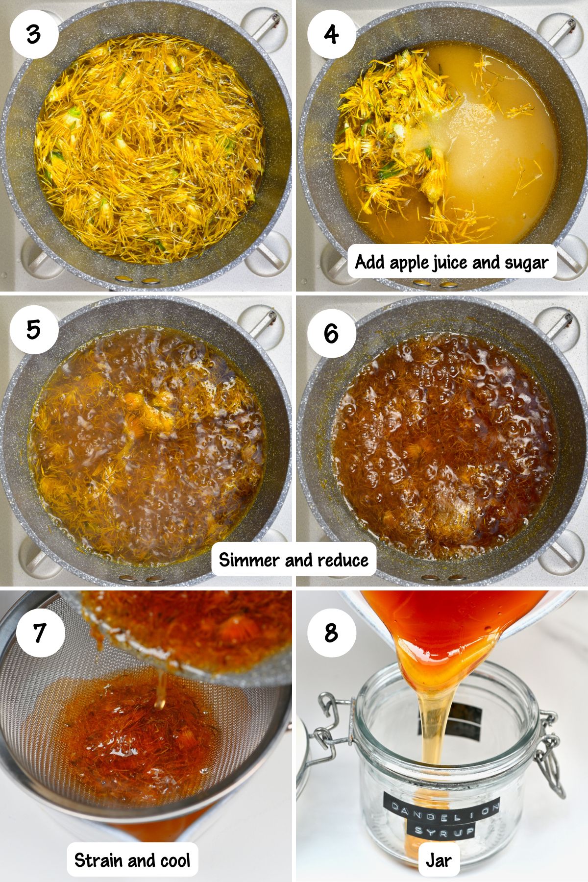 Making dandelion honey in a pot and straining and jarring the syrup.