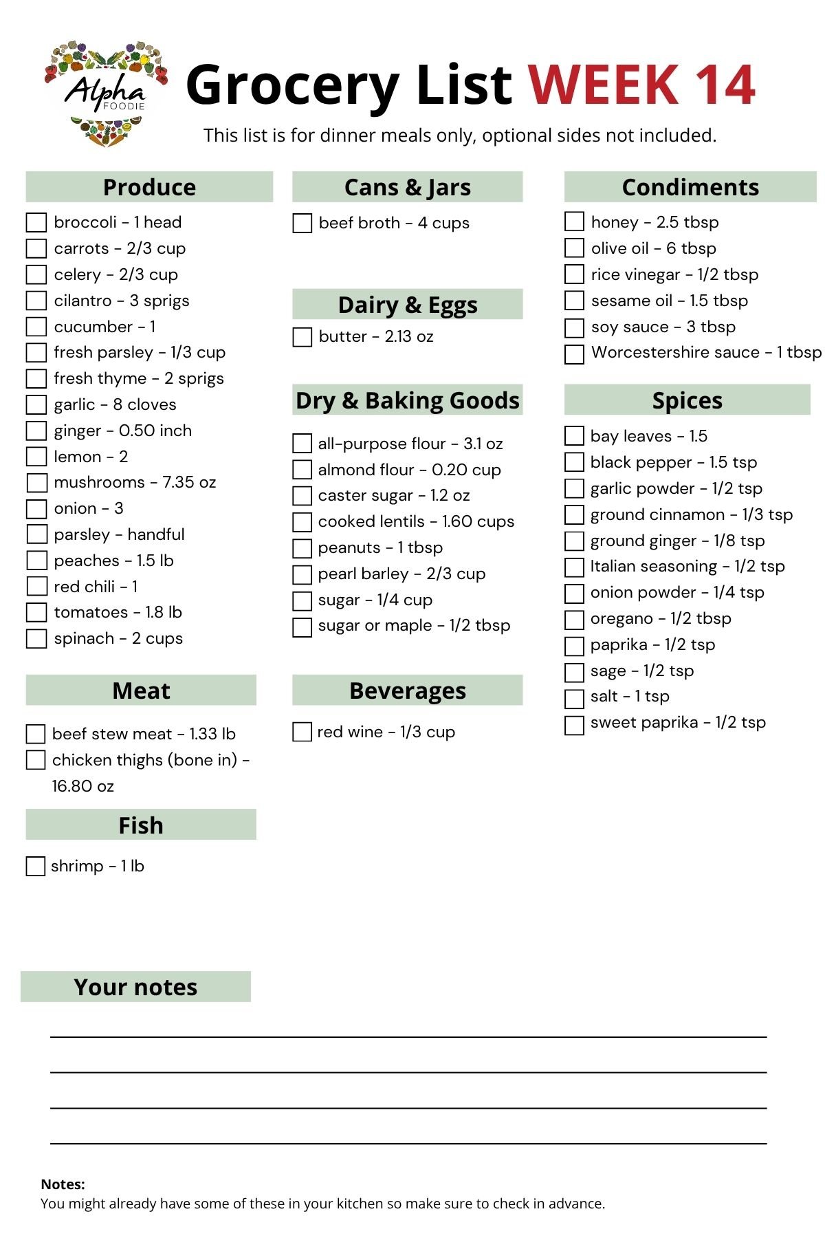 Grocery List for Week 14 of Meal planning.