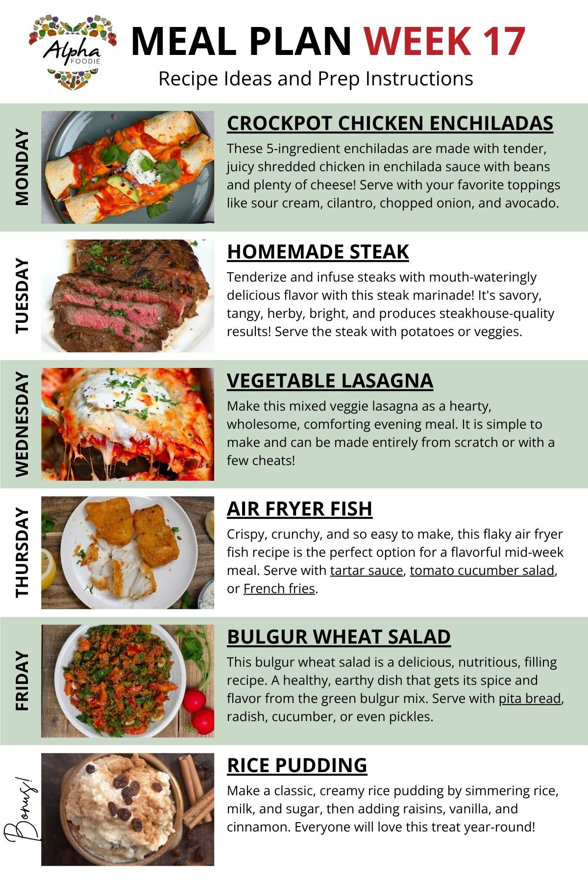 Recipe notes for Week 17 of Meal Planning.
