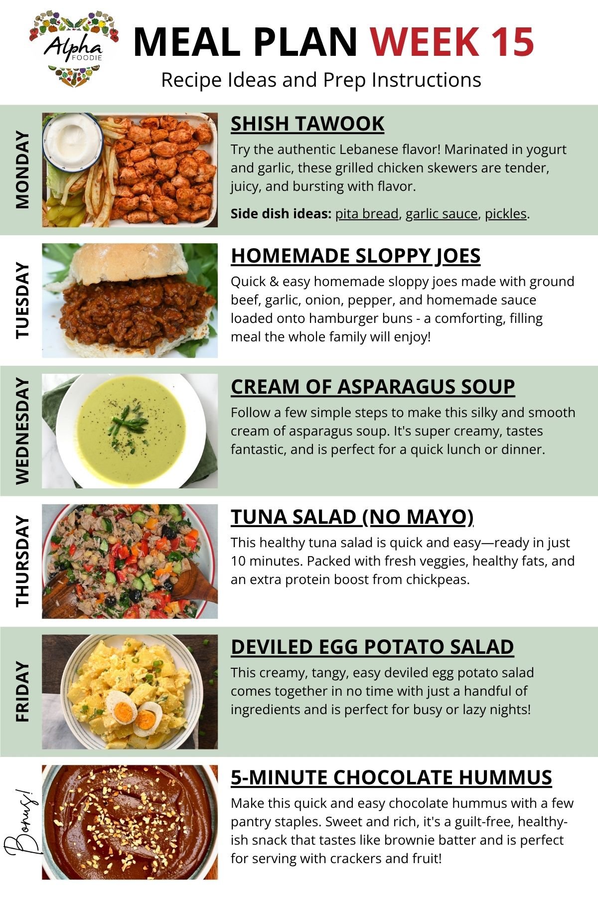 Recipe notes for Week 15 of Meal Planning.