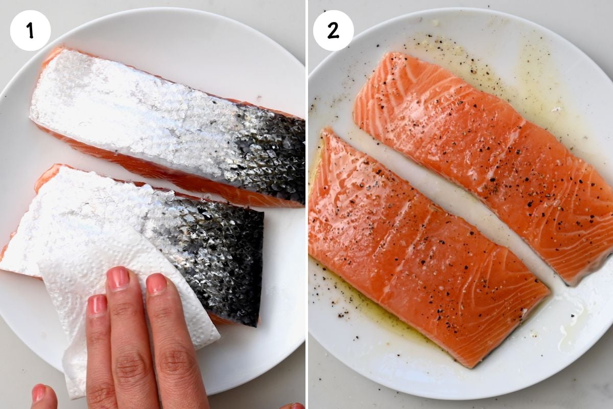 Pat fillets dry, brush with olive oil, and season with salt and pepper. - 3