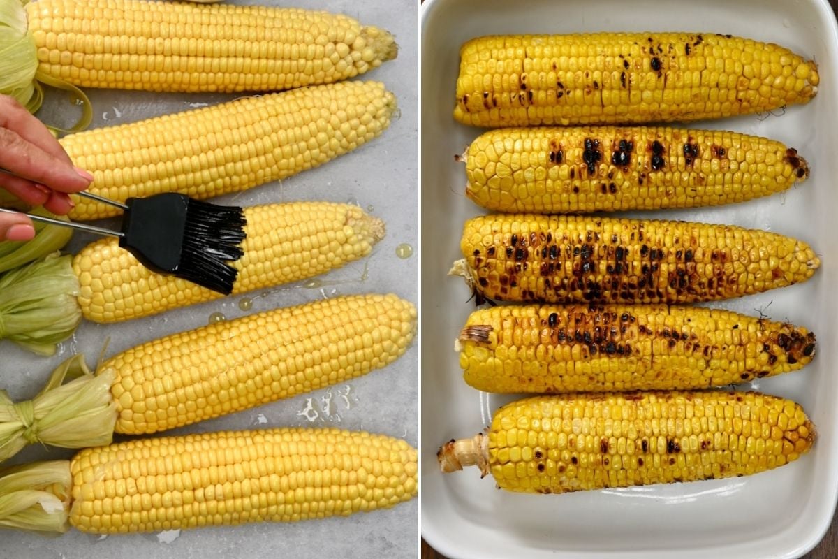 A collage of two photos showing Mexican corn on the grill: one photo captures the corn being brushed with sauce before grilling, and the other shows the ears beautifully charred with golden brown grill marks.