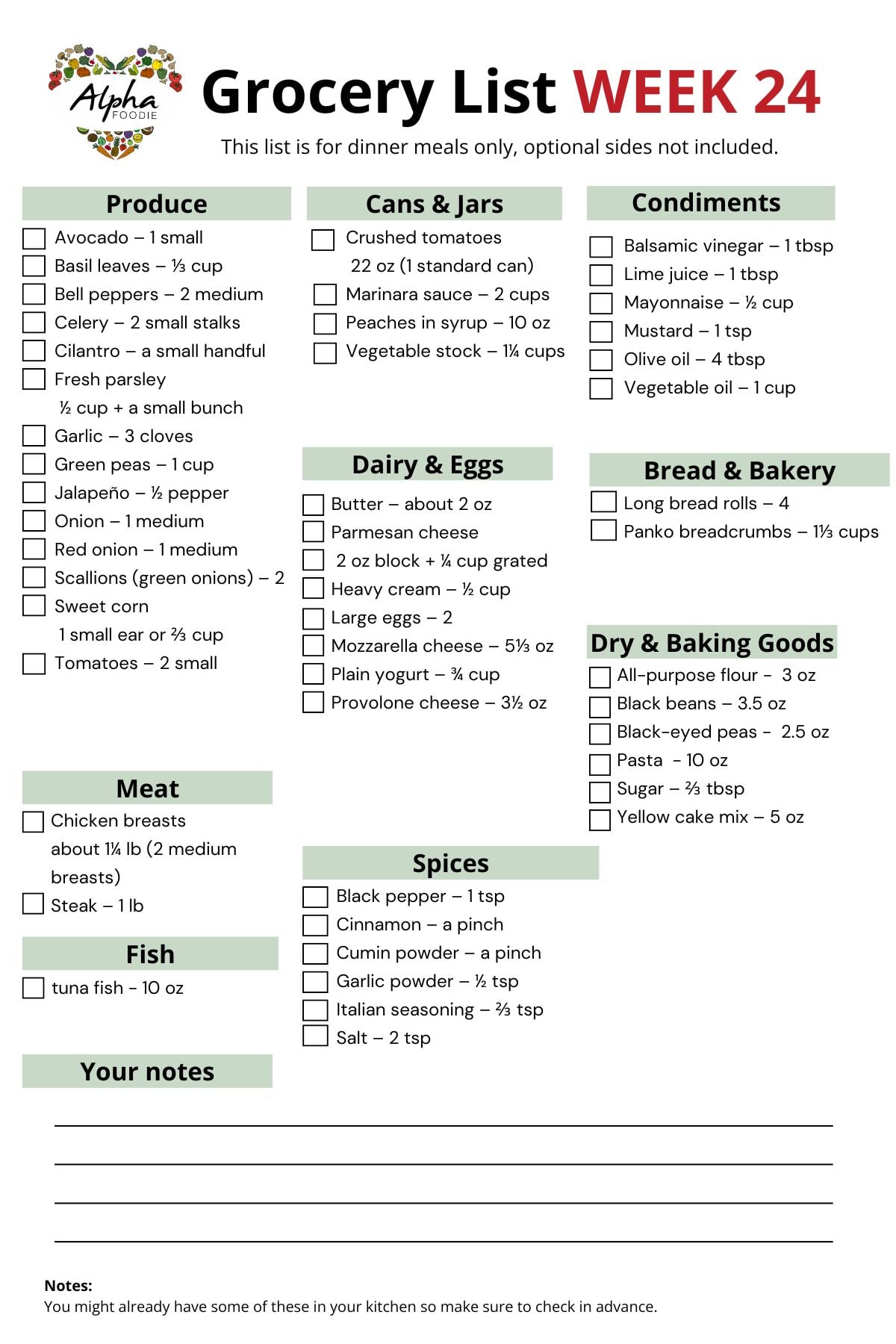 Grocery List for Week 24.