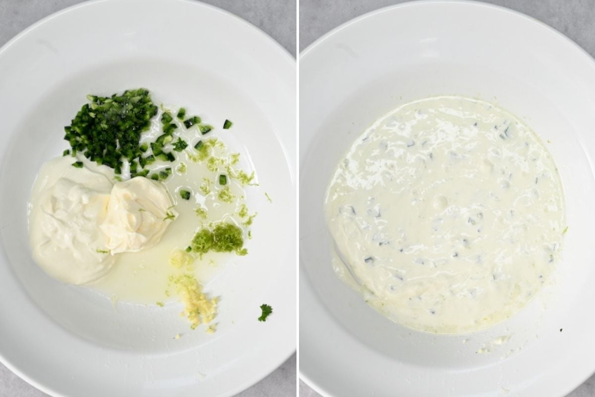 A small bowl with mayonnaise, lime juice, sour cream, grated garlic, chopped jalapeño, and lemon zest being whisked together to make a creamy corn salad dressing.