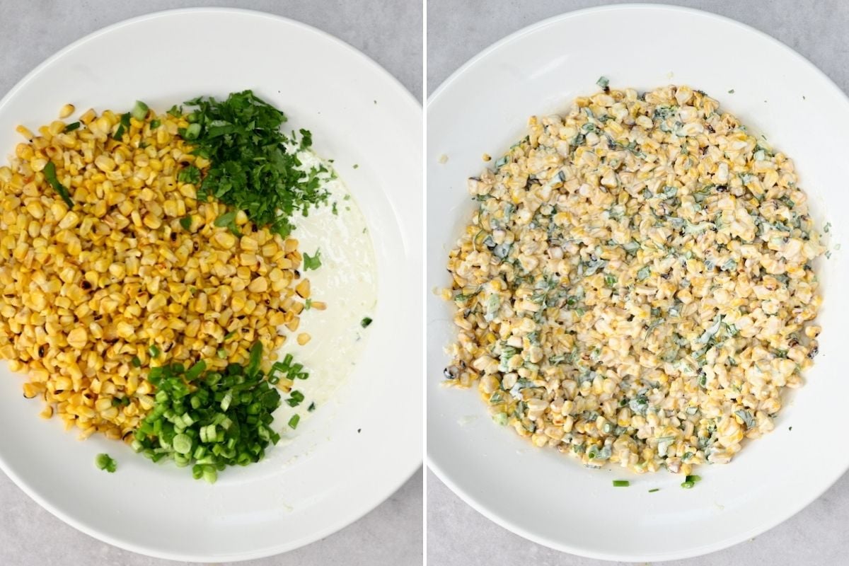 Corn salad before and after mixing with creamy dressing.