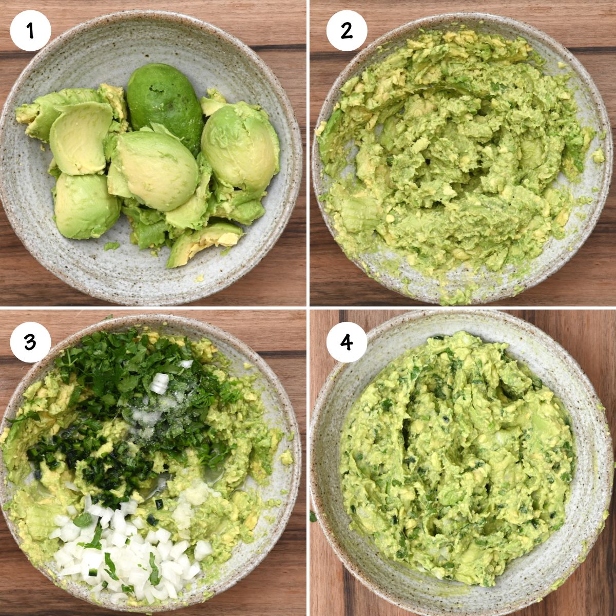 Steps showing how to make guacamole.