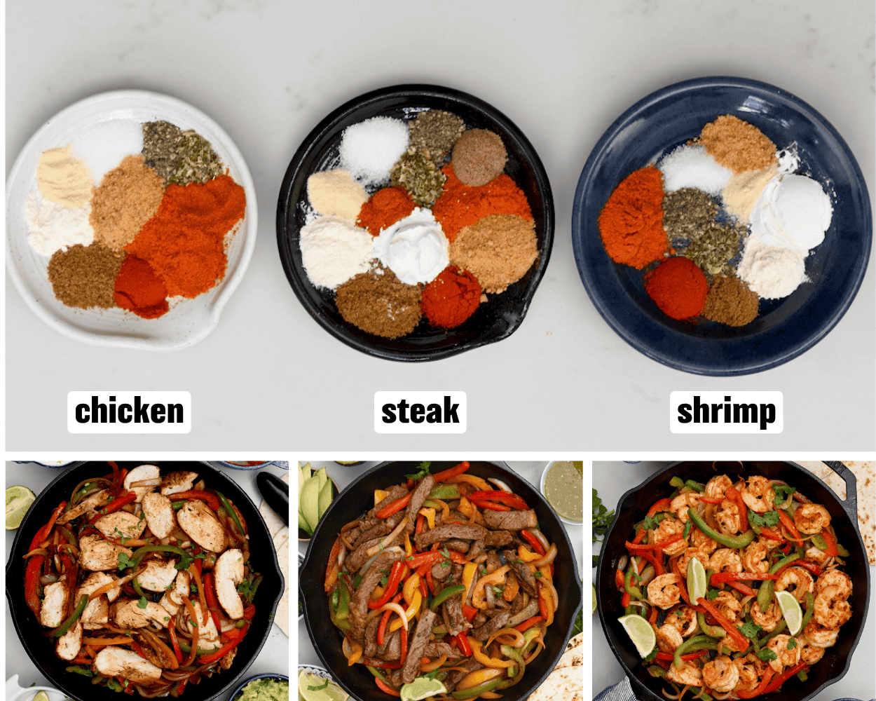 3 plates of variations of fajita seasoning for chicken steak and shrimp