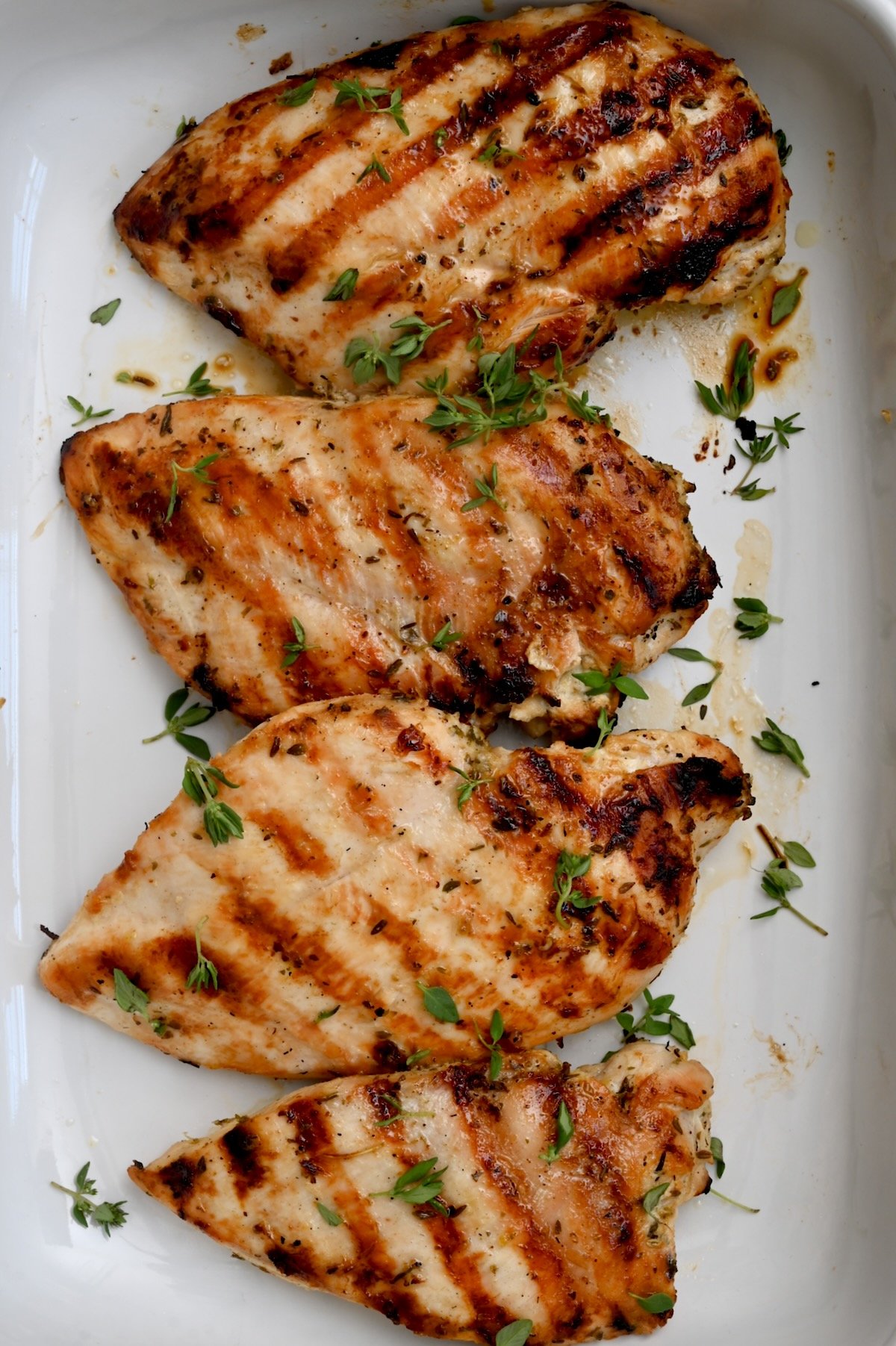top view of four grilled chicken breasts in a white glass tray with sprinkle of thyme on top