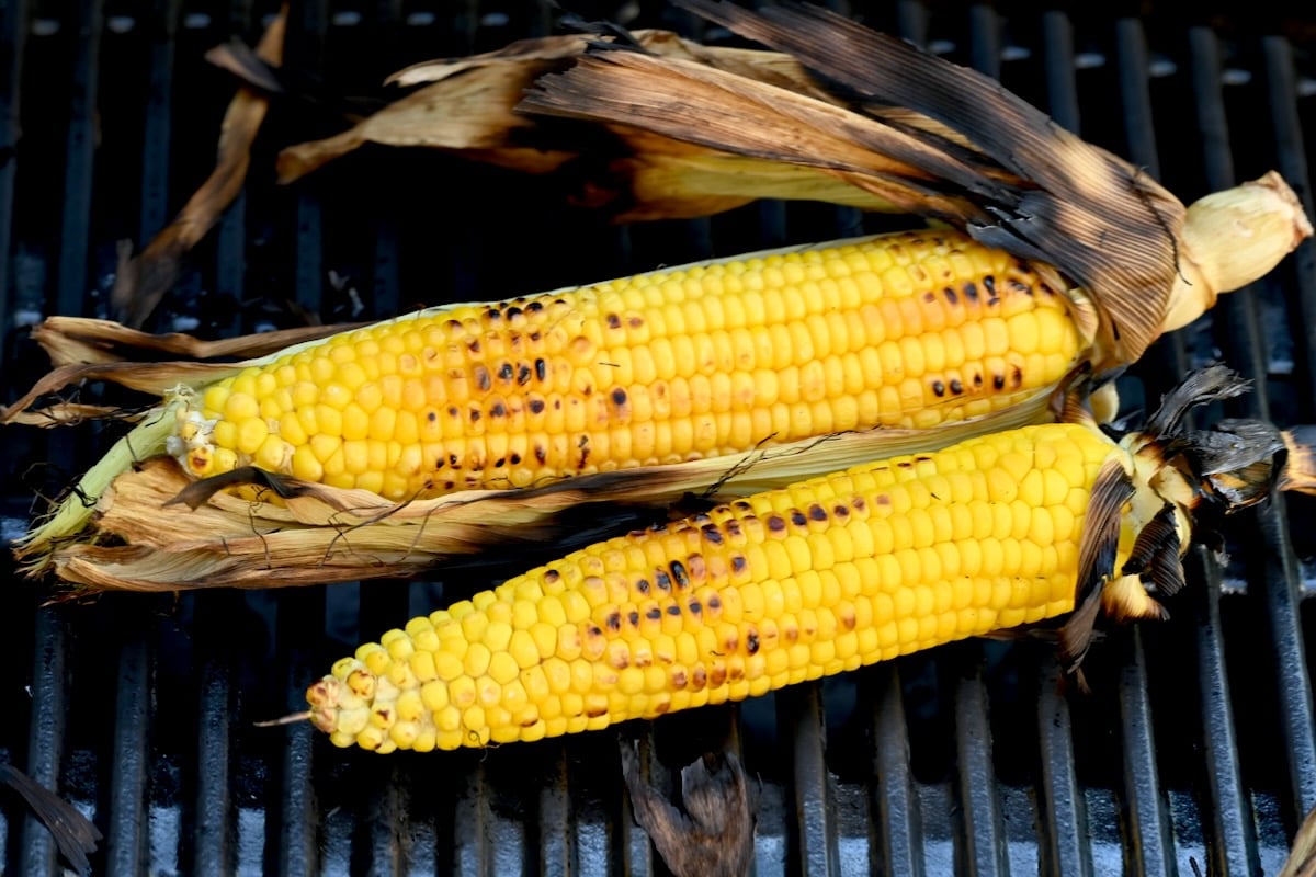 two corn on the cob with some char on the grill.