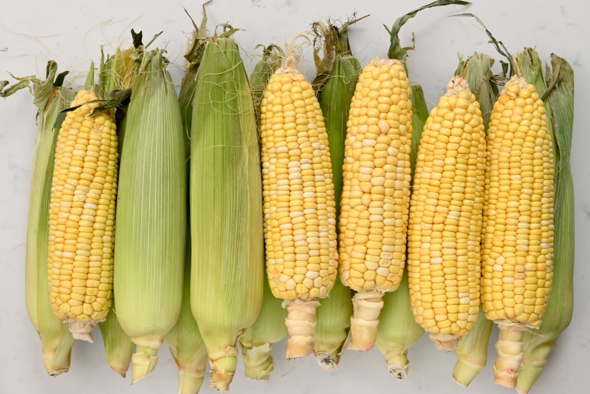top view of corn on the cob on white marble some full with husk and some without