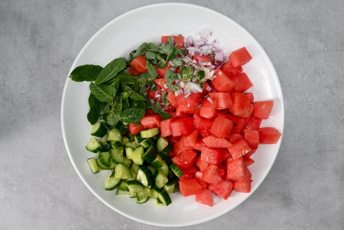 Overhead shot of chopped watermelon, cucumber, minced onion, mint, and oregano on a large white salad plate over a grey background.