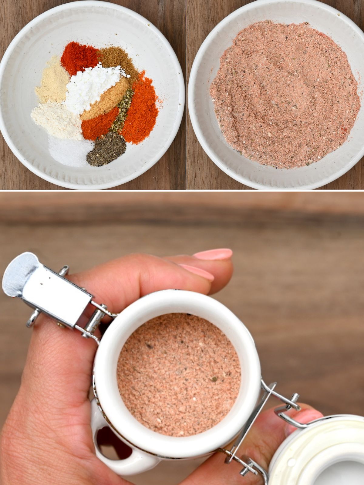 collage steps of three photos showing before and after mixing fajita seasoning and third photo of it in a small white jar