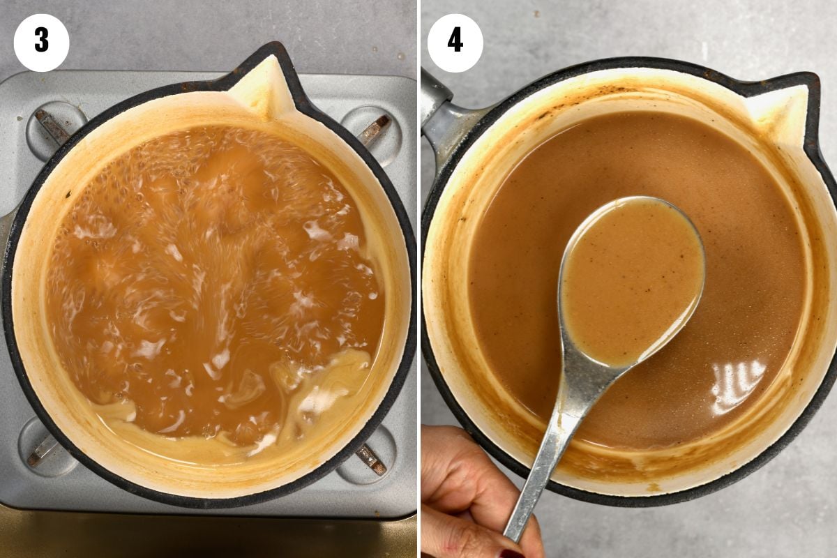 Collage showing simmering the turkey gravy.