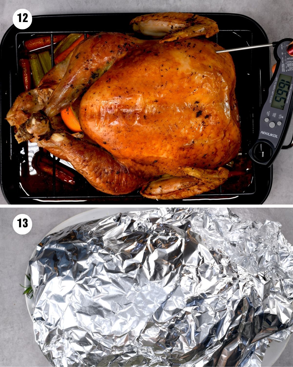 Collage showing a roasted turkey being checked for temperature and then wrapped in foil to rest. - 10