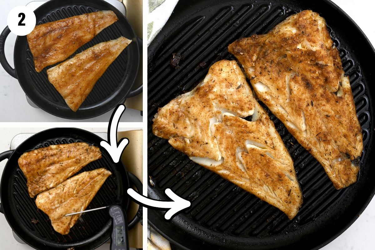 Collage showing steps of grilling two skin-on white fish fillets on a stovetop grill pan.
