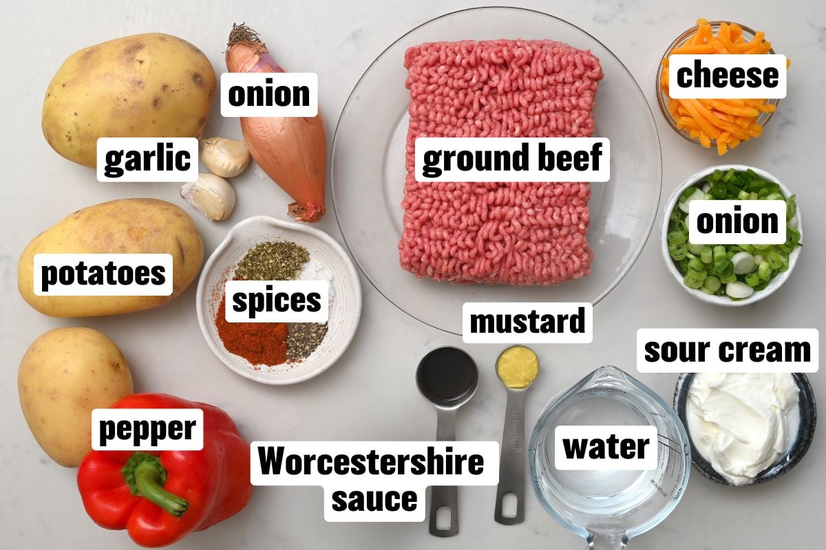 Top view of the ingredients for making ground beef and potatoes. - 3