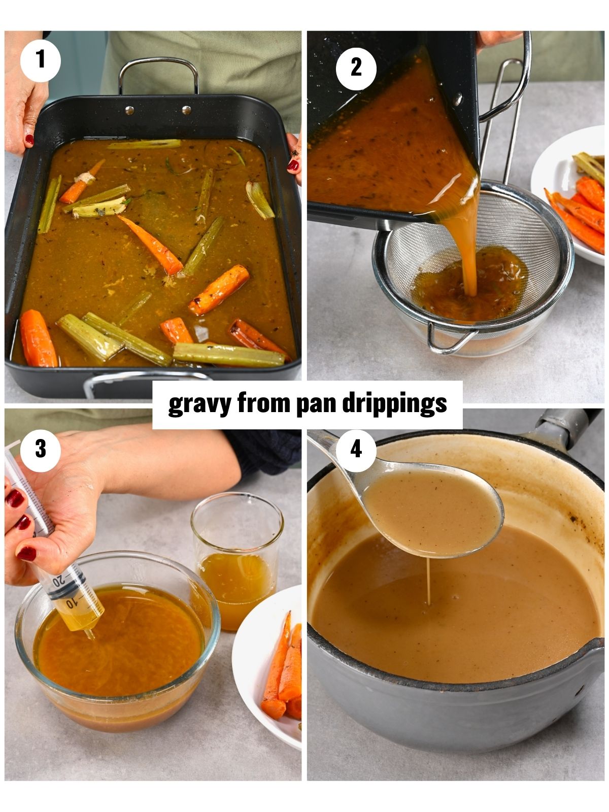 Collage showing making gravy from pan drippings. - 12