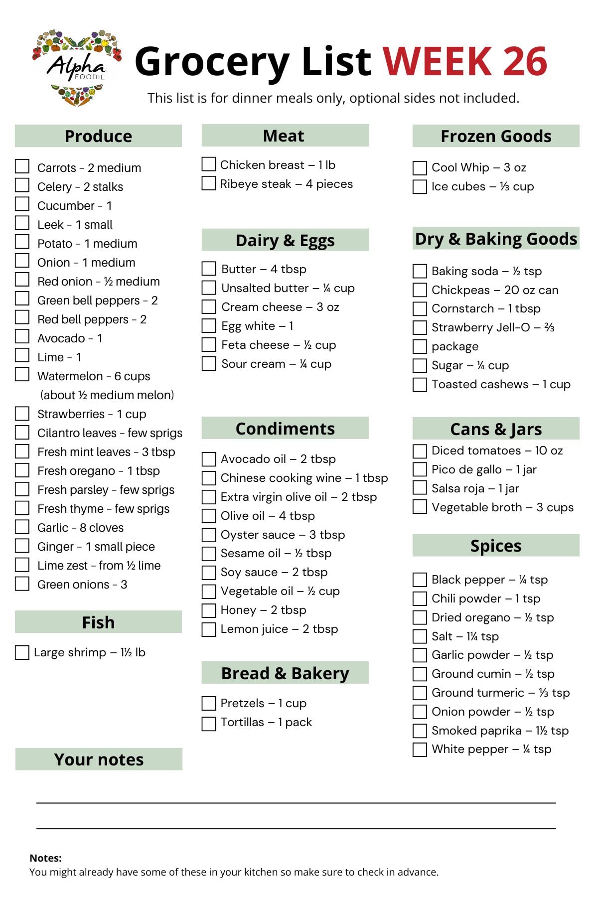 Grocery list for Week 26 of Meal Planning.