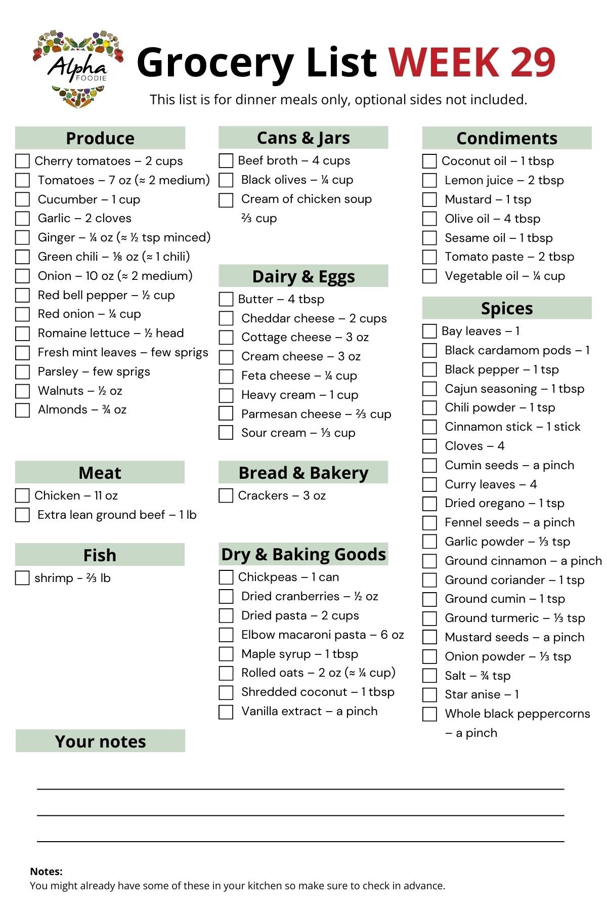 The grocery list for week 29 of Meal planning.
