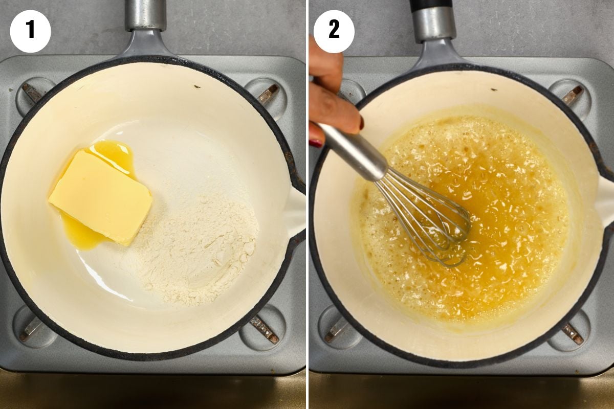 Steps for making the roux for turkey gravy.