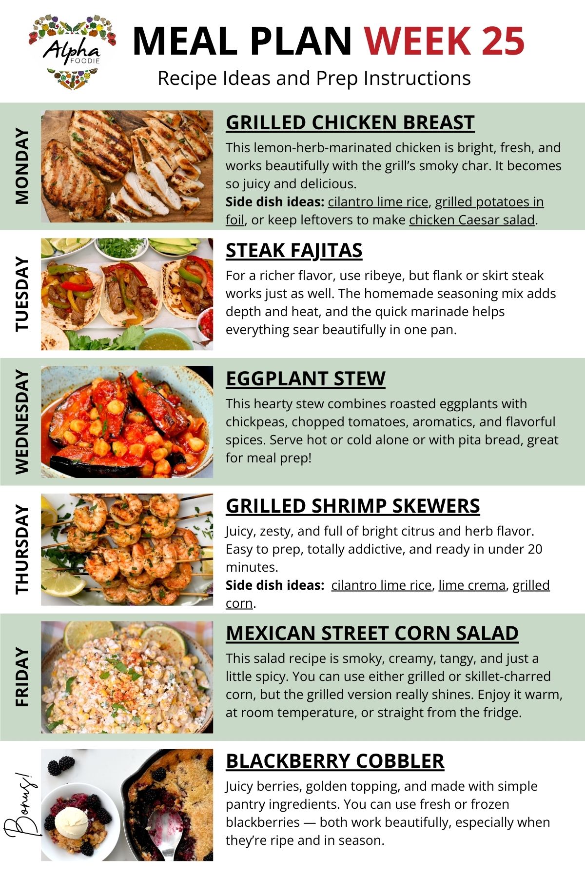 Meal plan week 25 recipe notes.